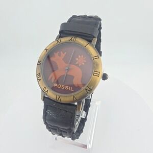 Vtg RARE 1992 FOSSIL Antler Watch Leather Dial Black Leather Band Deer 5 Legs 8"